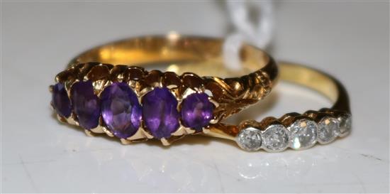 Victorian amethyst half-hoop ring, 18ct gold setting & a similar diamond ring